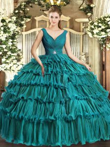 Discount Teal Ball Gowns Organza V-neck Sleeveless Beading and Ruffled Layers Floor Length Backless Vestidos de Quinceanera
