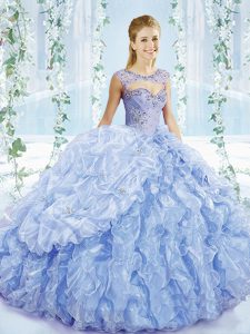 Luxurious Blue Ball Gowns Organza Sweetheart Sleeveless Beading and Ruffles and Pick Ups Lace Up 15 Quinceanera Dress Brush Train
