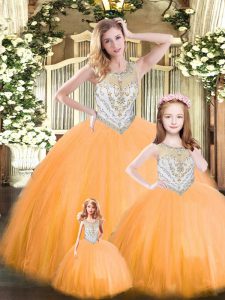 Edgy Orange Red Quince Ball Gowns Military Ball and Sweet 16 and Quinceanera with Beading Scoop Sleeveless Lace Up