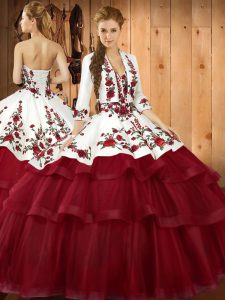 Wine Red Vestidos de Quinceanera Organza Sweep Train Sleeveless Embroidery