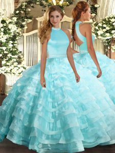 Sleeveless Organza Floor Length Backless 15 Quinceanera Dress in Aqua Blue with Beading and Ruffled Layers