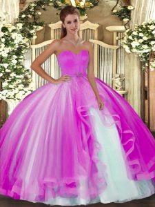 Excellent Fuchsia Sleeveless Beading Floor Length Quince Ball Gowns