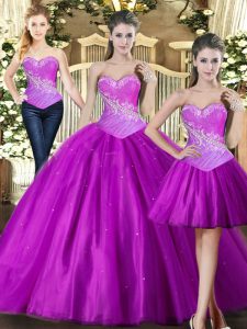 Sweet Floor Length Fuchsia Quince Ball Gowns Tulle Sleeveless Beading