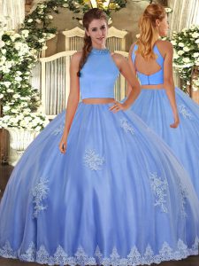 Modest Floor Length Baby Blue Quince Ball Gowns Tulle Sleeveless Beading and Appliques
