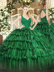 Fashion Dark Green Backless 15 Quinceanera Dress Beading and Lace and Ruffled Layers Sleeveless Floor Length