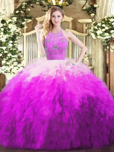 Tulle Sleeveless Floor Length Ball Gown Prom Dress and Beading and Ruffles