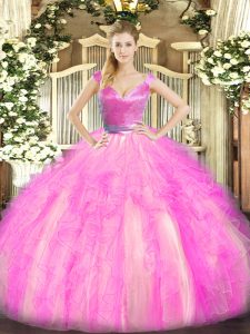Extravagant Rose Pink V-neck Neckline Beading and Ruffles Quinceanera Gown Sleeveless Zipper