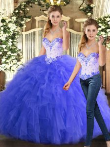 Ideal Sleeveless Organza Floor Length Lace Up Quince Ball Gowns in Blue with Beading and Ruffles