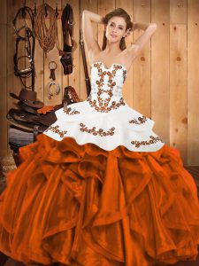 Orange Red Lace Up Strapless Embroidery and Ruffles Quinceanera Gowns Satin and Organza Sleeveless