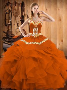 Rust Red Ball Gowns Satin and Organza Sweetheart Sleeveless Embroidery and Ruffles Floor Length Lace Up Ball Gown Prom Dress