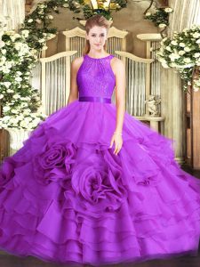 Latest Eggplant Purple Fabric With Rolling Flowers Lace Up Scoop Sleeveless Floor Length Sweet 16 Dresses Lace