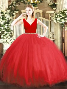 Floor Length Red Quinceanera Gowns V-neck Sleeveless Zipper