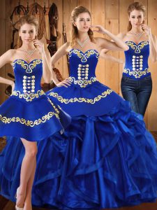 Sleeveless Floor Length Embroidery and Ruffles Lace Up Quinceanera Dress with Royal Blue