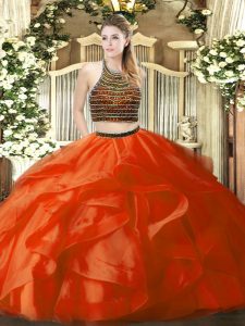 Orange Red Sleeveless Floor Length Beading and Ruffles Zipper Sweet 16 Quinceanera Dress