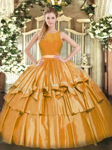 Eye-catching Gold Zipper Scoop Ruffled Layers Quinceanera Gown Tulle Sleeveless