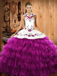Romantic Sleeveless Satin and Organza Floor Length Lace Up 15 Quinceanera Dress in Fuchsia with Embroidery and Ruffled Layers