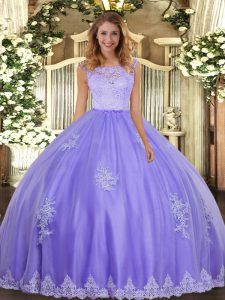 Glittering Lavender Ball Gowns Lace and Appliques Vestidos de Quinceanera Clasp Handle Tulle Sleeveless Floor Length