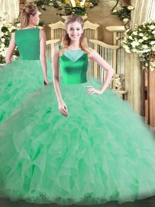 Apple Green Ball Gowns Scoop Sleeveless Organza Floor Length Side Zipper Beading and Ruffles Quince Ball Gowns