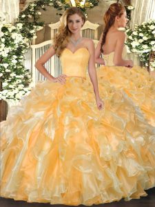 Gold Organza Lace Up Quinceanera Gowns Sleeveless Floor Length Beading and Ruffles