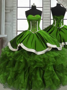 Edgy Green Lace Up Sweetheart Beading and Ruffles and Ruching Quinceanera Dresses Organza Sleeveless