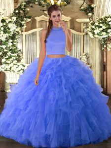 Halter Top Sleeveless Quinceanera Gown Floor Length Beading and Ruffles Blue Tulle