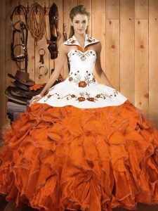 Orange Red Ball Gowns Embroidery and Ruffles Sweet 16 Dresses Lace Up Satin and Organza Sleeveless Floor Length