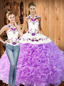 Luxurious Sleeveless Fabric With Rolling Flowers Floor Length Lace Up Quinceanera Gown in Lilac with Embroidery