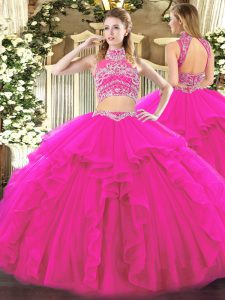 Captivating Floor Length Two Pieces Sleeveless Fuchsia Quinceanera Gowns Backless