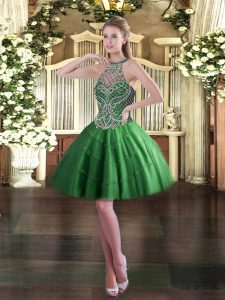 Green Tulle Lace Up Evening Dress Sleeveless Mini Length Beading