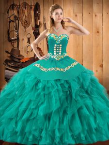 Floor Length Lace Up Quinceanera Gowns Turquoise for Military Ball and Sweet 16 and Quinceanera with Embroidery and Ruffles