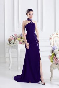 Modest Purple Halter Top Lace Up Beading Prom Dress Sweep Train Sleeveless