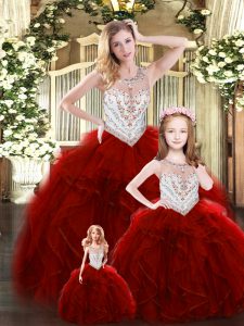 Beading and Ruffles Sweet 16 Quinceanera Dress Wine Red Lace Up Sleeveless Floor Length