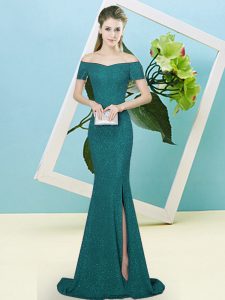 Classical Mermaid Short Sleeves Turquoise Sweep Train Zipper