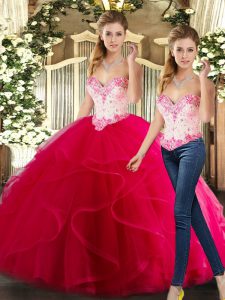 Edgy Hot Pink Organza Lace Up Sweetheart Sleeveless Floor Length Sweet 16 Dresses Beading and Ruffles