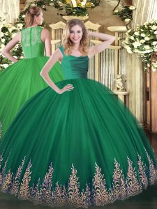 Excellent Dark Green Ball Gowns Lace and Appliques 15th Birthday Dress Zipper Tulle Sleeveless Floor Length