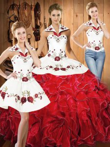 Three Pieces 15 Quinceanera Dress White And Red Halter Top Satin and Organza Sleeveless Floor Length Lace Up