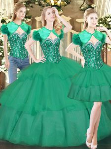 Turquoise Tulle Lace Up Vestidos de Quinceanera Sleeveless Floor Length Beading and Ruffled Layers