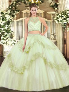Sleeveless Tulle Floor Length Zipper Quinceanera Gowns in Yellow Green with Beading and Appliques