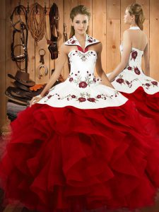 Pretty Embroidery and Ruffles Quinceanera Gowns Wine Red Lace Up Sleeveless Floor Length