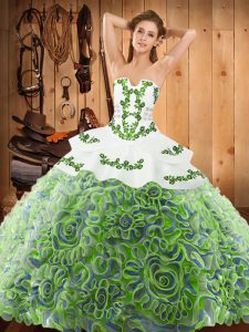 Wonderful Sleeveless Satin and Fabric With Rolling Flowers With Train Sweep Train Lace Up Ball Gown Prom Dress in Multi-color with Embroidery