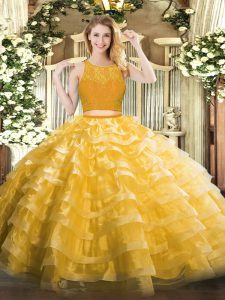 Super Gold Organza Zipper Scoop Sleeveless Floor Length Quinceanera Dress Lace and Ruffled Layers