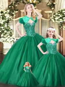 Dazzling Floor Length Green Vestidos de Quinceanera Tulle Sleeveless Beading