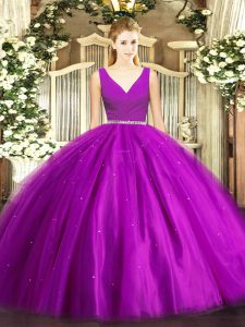 Purple Zipper V-neck Beading Quinceanera Dress Tulle Sleeveless