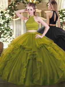 Exquisite Floor Length Ball Gowns Sleeveless Olive Green Sweet 16 Dress Backless