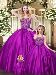 Romantic Eggplant Purple Ball Gowns Strapless Sleeveless Organza Floor Length Lace Up Beading Quinceanera Dress