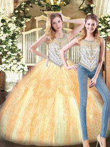 Gold Sweet 16 Dress Military Ball and Sweet 16 and Quinceanera with Beading and Ruffles Scoop Sleeveless Zipper