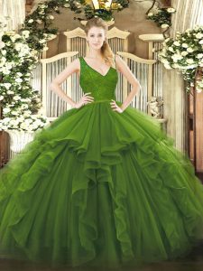 Sweet Olive Green Organza Backless V-neck Sleeveless Floor Length Quinceanera Dress Beading and Lace and Ruffles