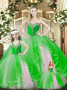 Sweetheart Sleeveless Quinceanera Dresses Floor Length Beading and Ruffles Green Organza