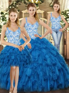 Unique Blue Organza Lace Up Straps Sleeveless Floor Length 15 Quinceanera Dress Beading and Ruffles