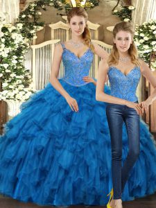 Traditional Teal Two Pieces Straps Sleeveless Organza Floor Length Lace Up Beading and Ruffles 15 Quinceanera Dress